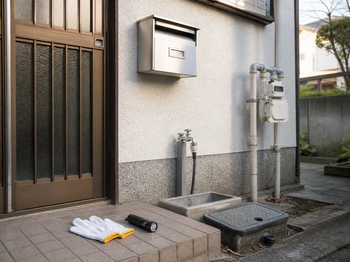 空き家の郵便受けや屋外水栓、メーターを確認する場面