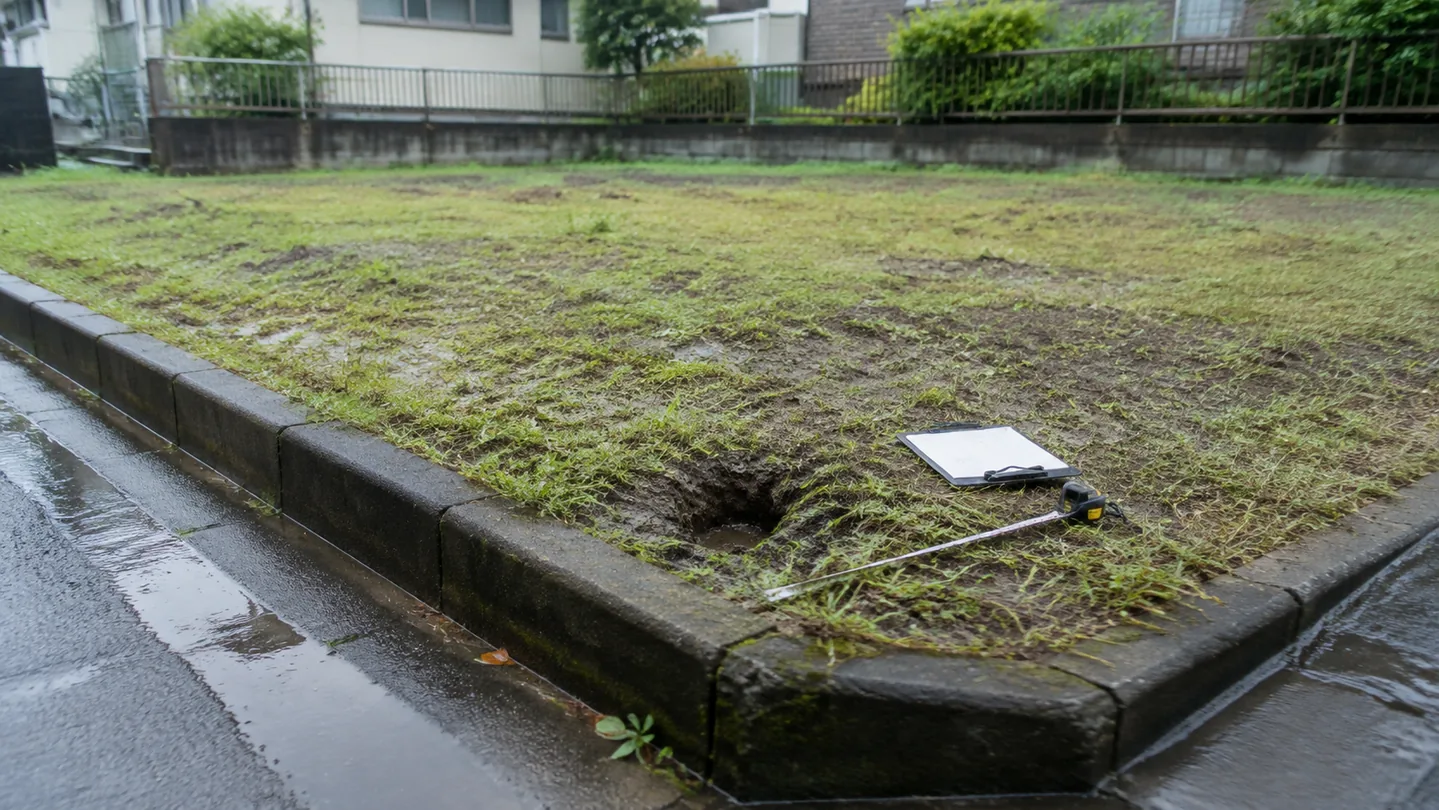 台風の雨が上がった後の相続土地で、境界標が見当たらない地面を記録している様子を表した写真調のイメージ