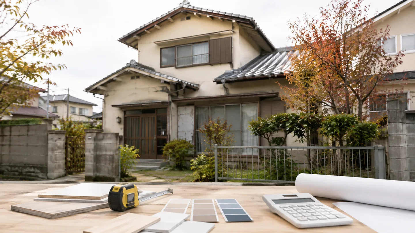 古い日本の戸建て空き家を背景に、リフォームの見積り、メジャー、色見本、電卓を並べて売却前の工事を比較する写真調のイメージ