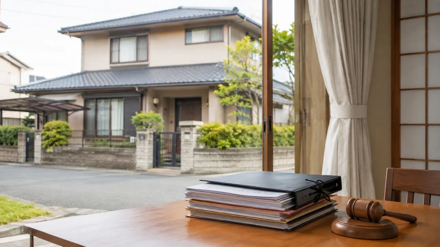日本の住宅街にある実家と、売却書類のファイル、家庭裁判所への申立てを考える場面を表した写真調のイメージ