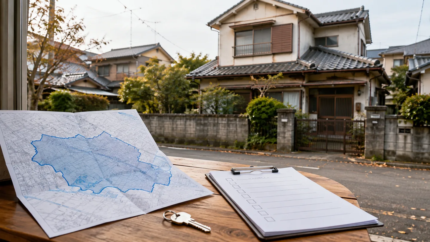 古い日本家屋の前で区域図、鍵、確認表を並べ、空き家の売却と活用条件を調べる場面を表した写真調のイメージ