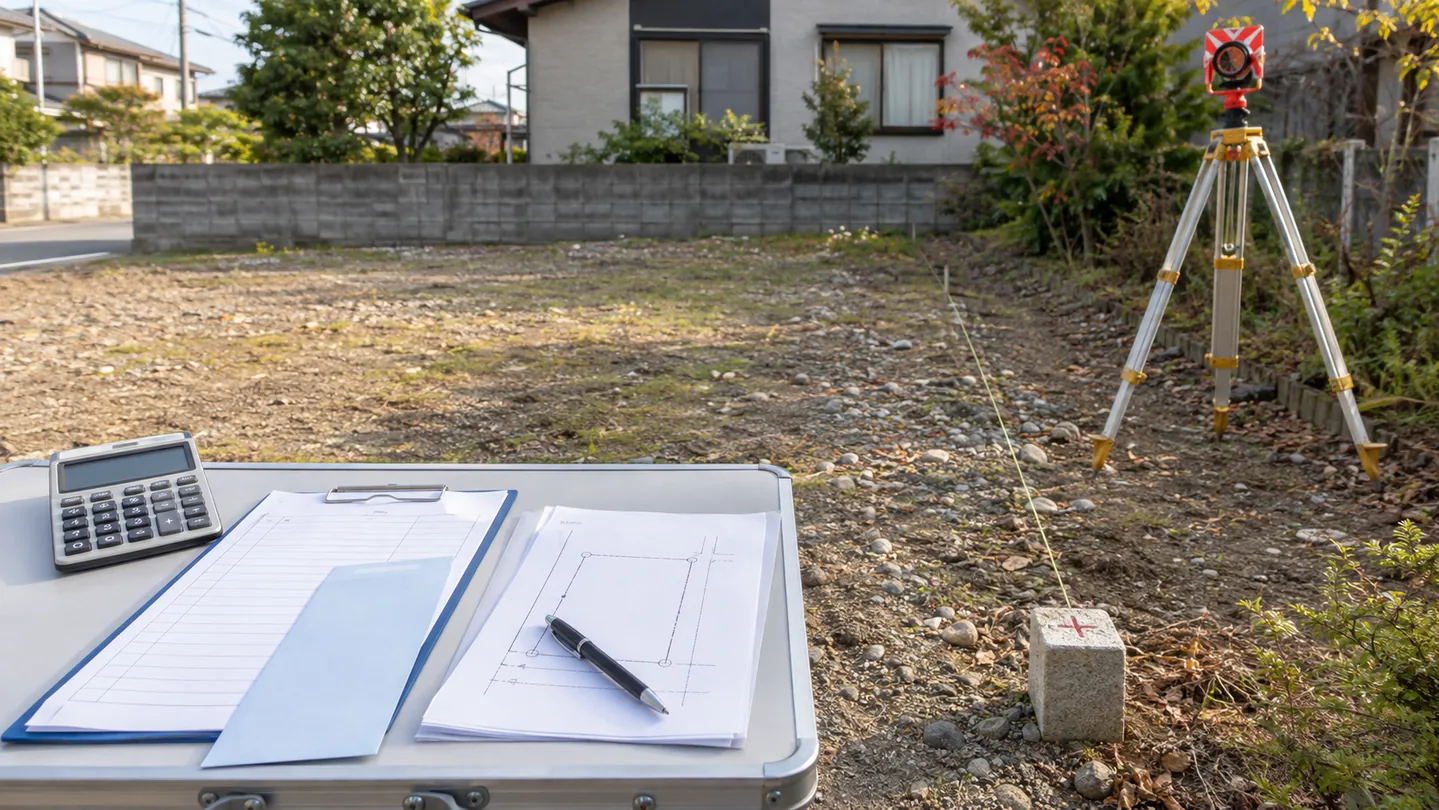 住宅地の土地境界で測量機器と境界標、図面、計算機、書類を並べ、売却前の測量費を整理する場面を表した写真調のイメージ
