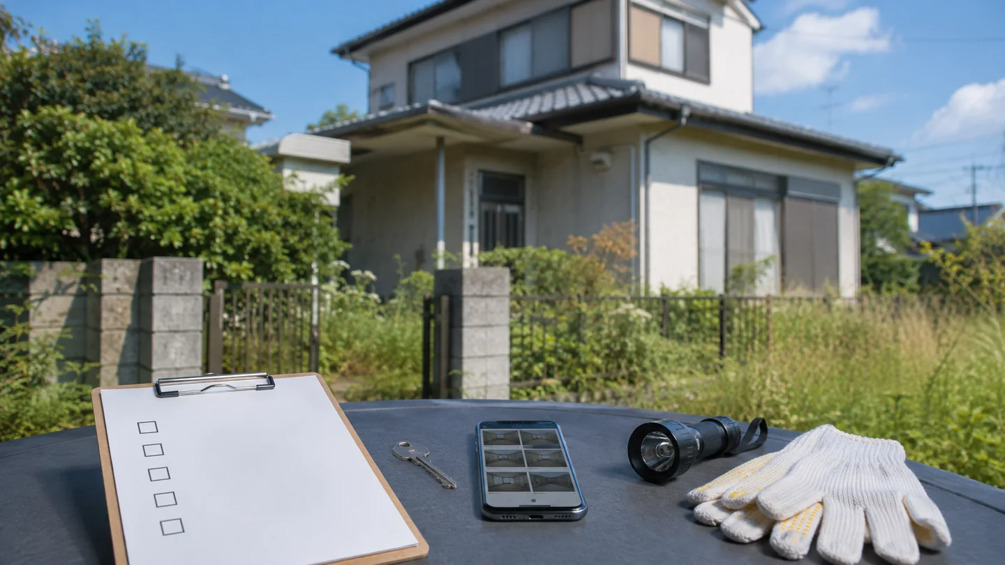 空き家の前に点検用の五つのチェック欄、鍵、スマートフォン、懐中電灯、作業手袋を並べ、管理サービスの契約内容を確認する場面を表した写真調のイメージ