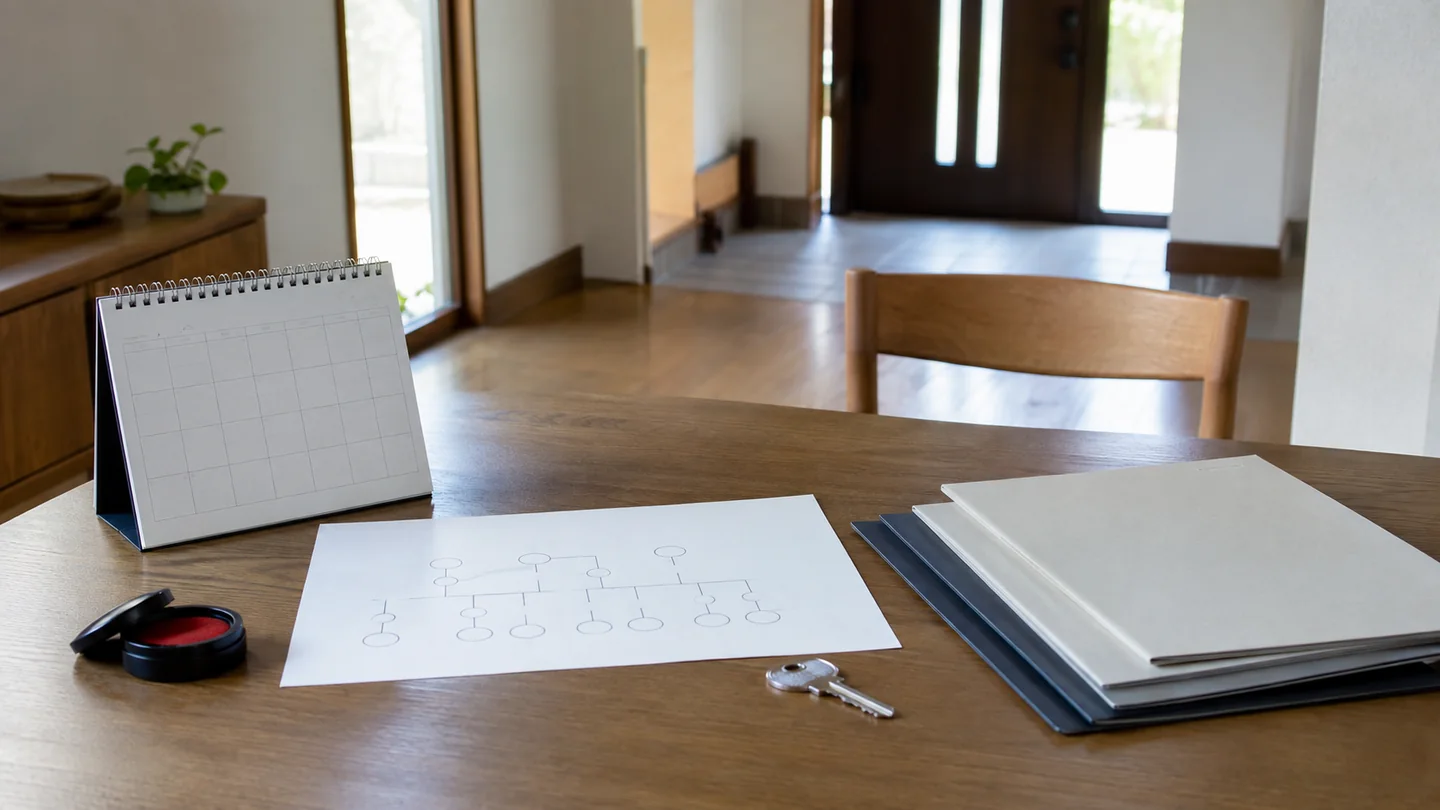 人のいない実家の室内で、家系図の空欄、鍵、書類、予定表を机に並べ、相続財産清算人の選任から売却までの手順を整理する場面を表した写真調のイメージ