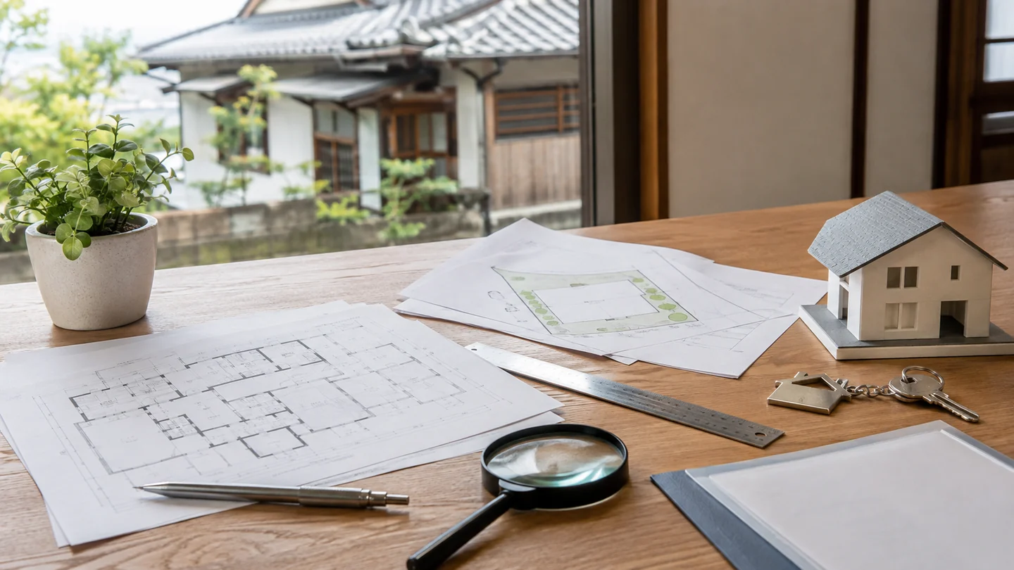 磐田市の古い実家を想定し、無記名の配置図と平面図、定規、虫眼鏡、鍵、住宅模型を机上で照合する写真調のイメージ