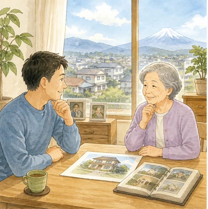 認知症の親に代わって実家の今後を家族で話し合う場面のイメージ