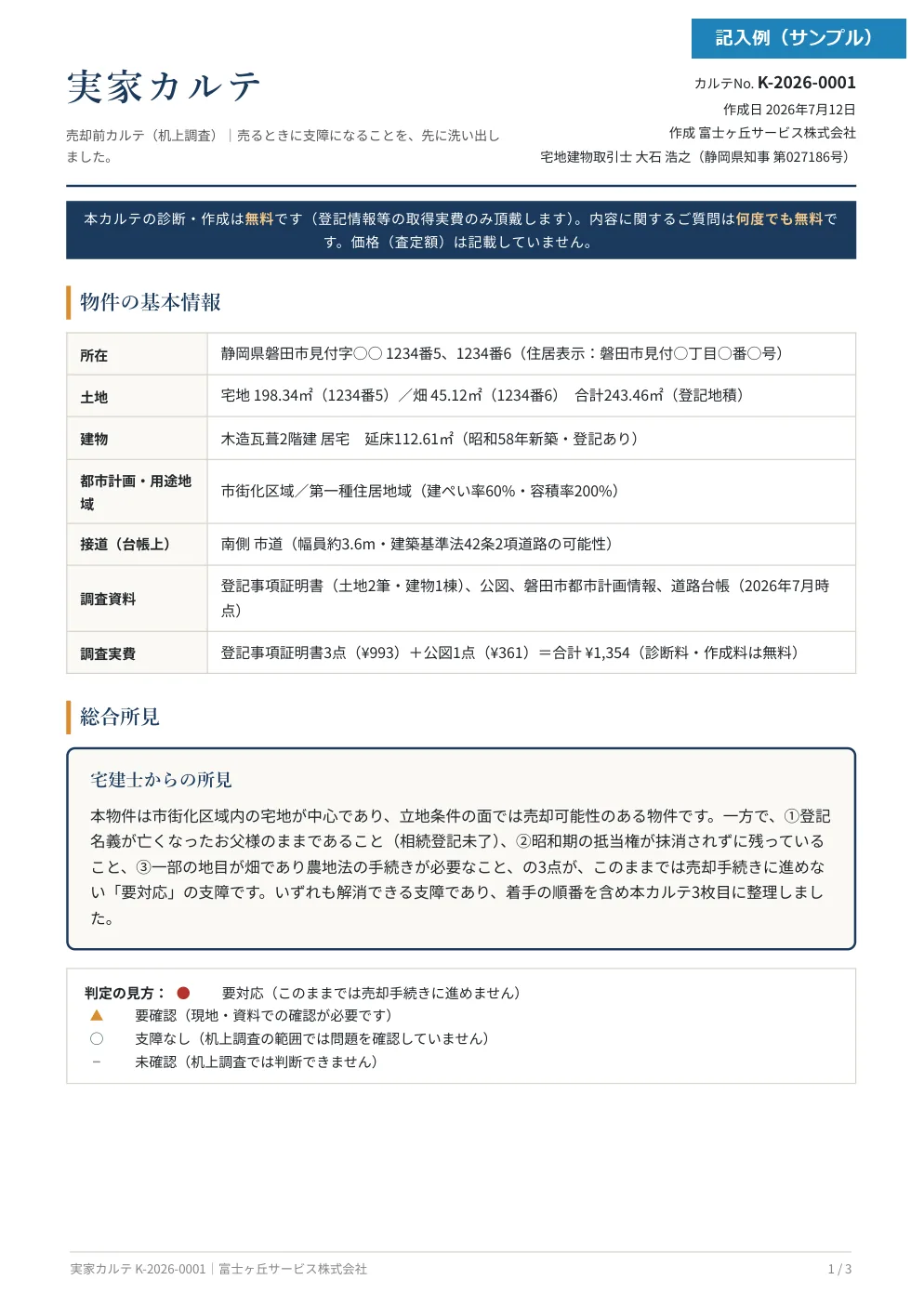 ふじがおか実家カルテの見本1枚目。物件の基本情報と宅建士の総合所見